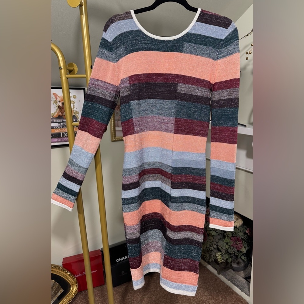 NWOT Parker Metallic Striped Long Sleeve Knit Dress Bodycon Fit Zipper Detail